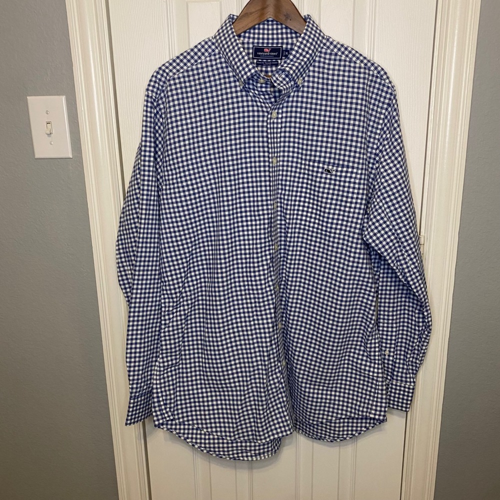 Vineyard Vines Performance Button Front Shirt Mens XL Slim Tucker Blue Gingham